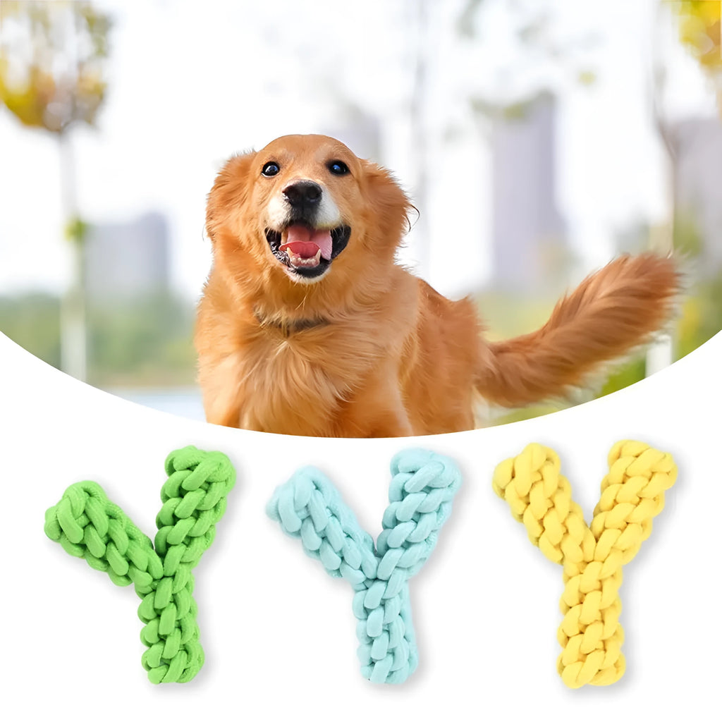 Blue Y-shaped cotton rope dog toy for large breeds on a wooden floor.
