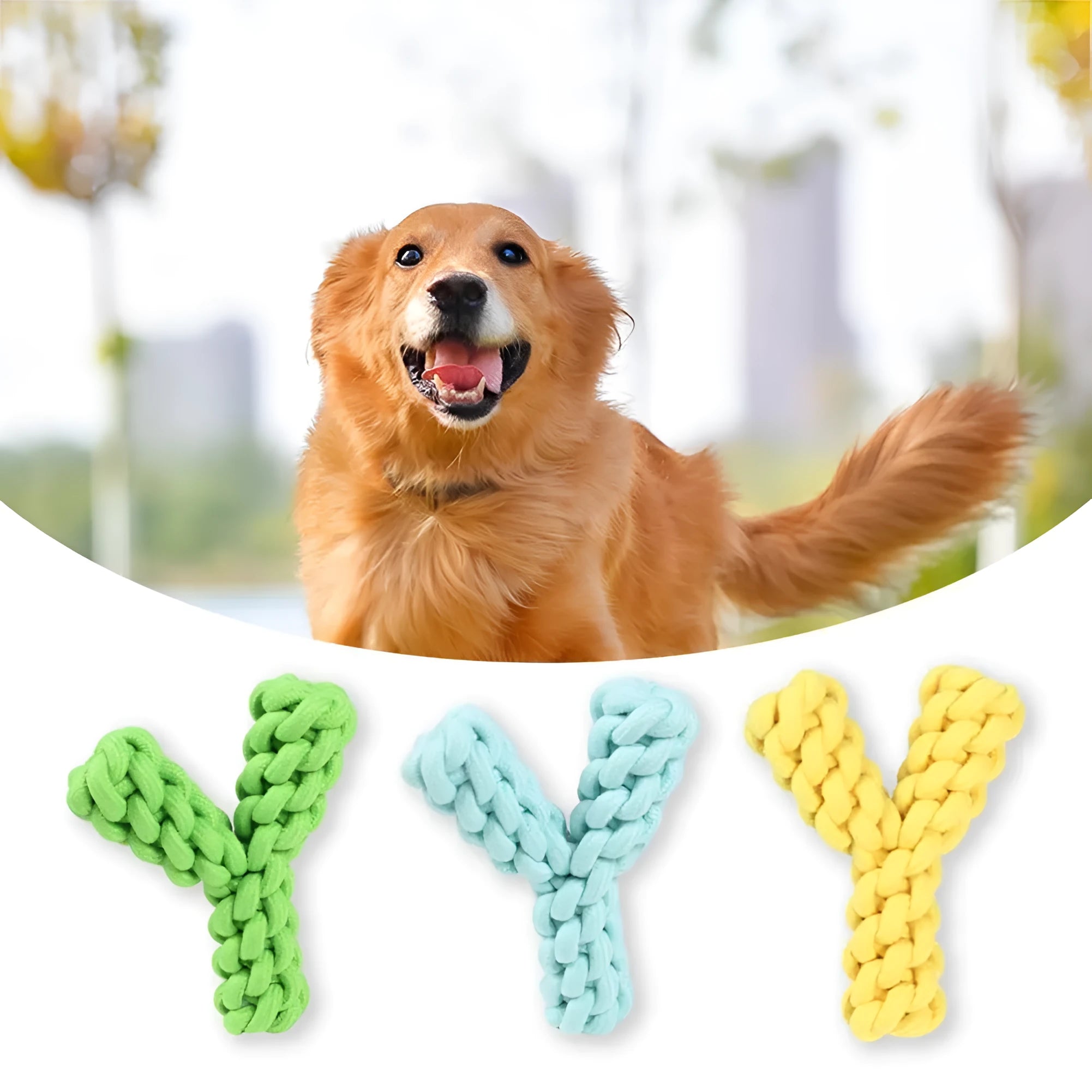 Blue Y-shaped cotton rope dog toy for large breeds on a wooden floor.