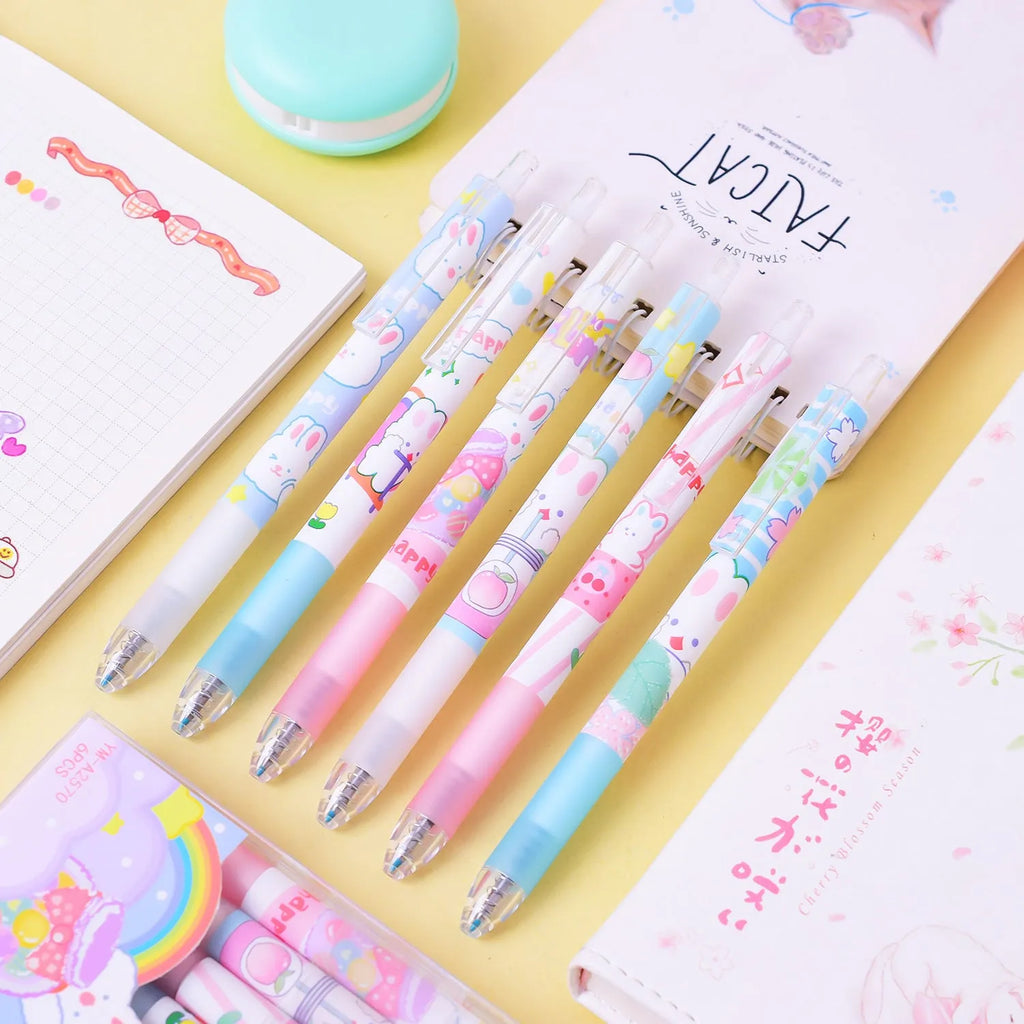 Six cartoon bunny design pens with 0.5mm tips and neutral black ink in plastic shells