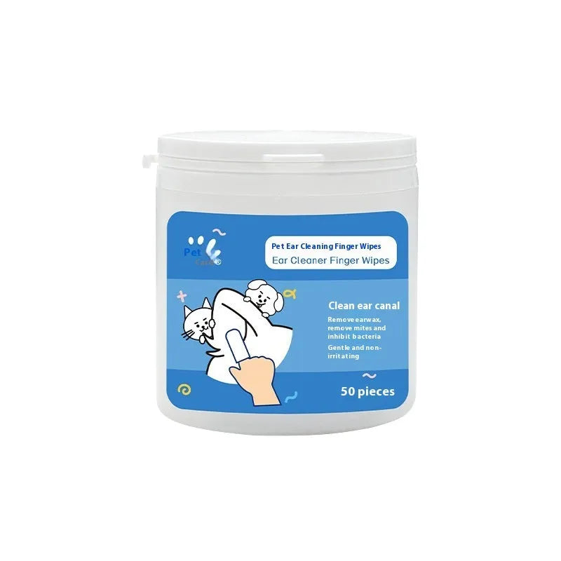 Box of disposable pet ear cleaning wipes and teeth cleaning wipes, 50 pieces each.