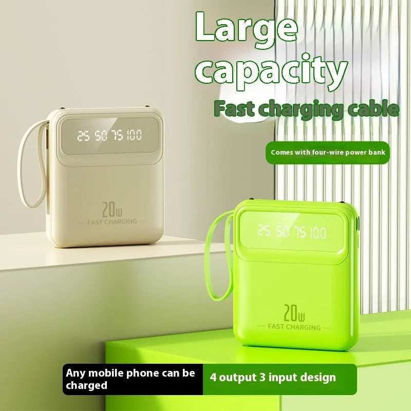 Mini power bank with four built-in cables and digital display in beige colour