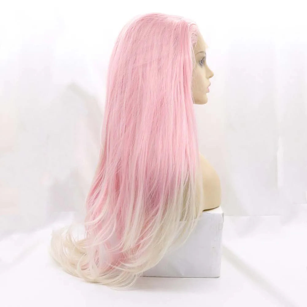 Pink gradient big wave fluffy wig on display stand showing layered synthetic hair
