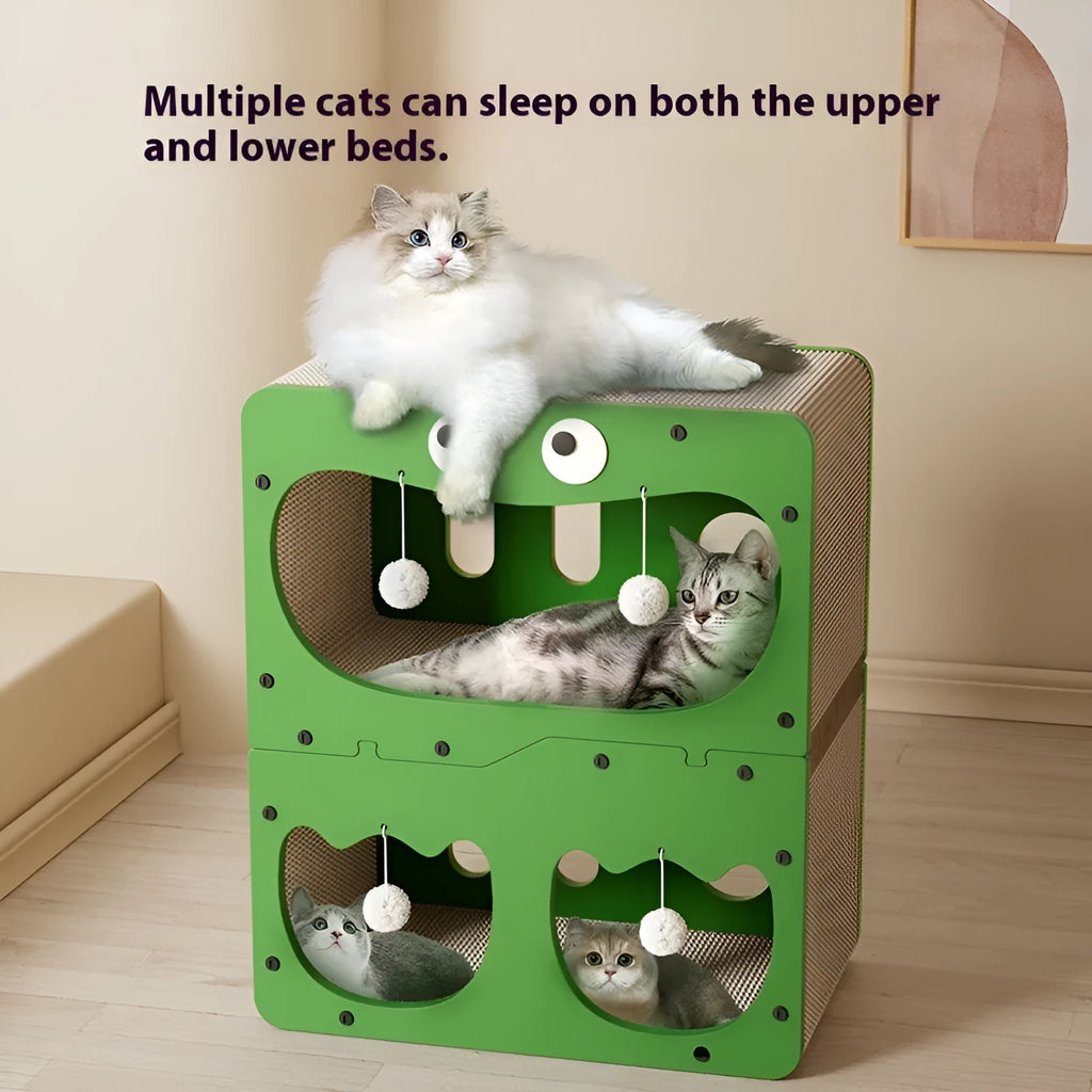 Double layer cat scratching board with integrated cat nest in a choice of decorative styles.