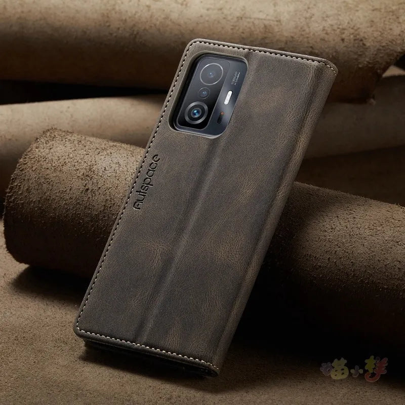 Frosted vintage flip leather phone case for Xiaomi 14 in black with front cover open