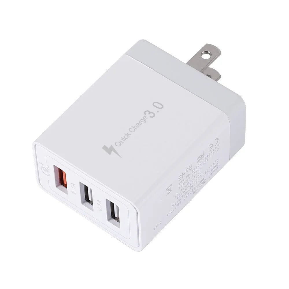 White 3 USB port mobile phone charger with EU, UK, and US plug options, 2400mA charging current