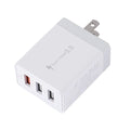 White 3 USB port mobile phone charger with EU, UK, and US plug options, 2400mA charging current