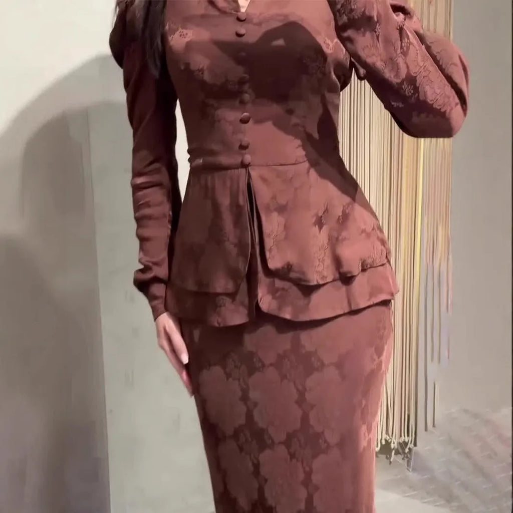Dark brown women's long sleeve retro dress with plant and flower print, showcasing fake two-piece design and button details.