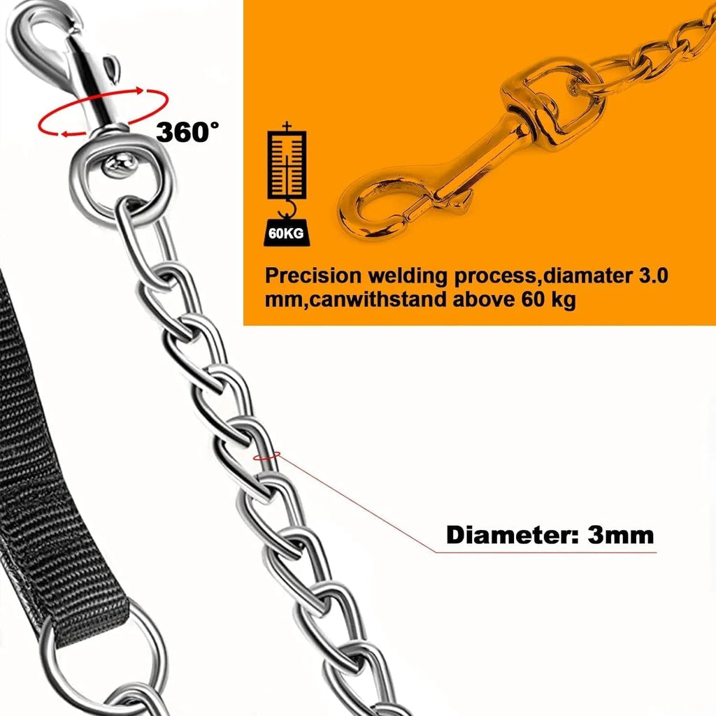 Heavy duty metal dog leash with soft padded handle and chew-proof chain in black, blue, or red