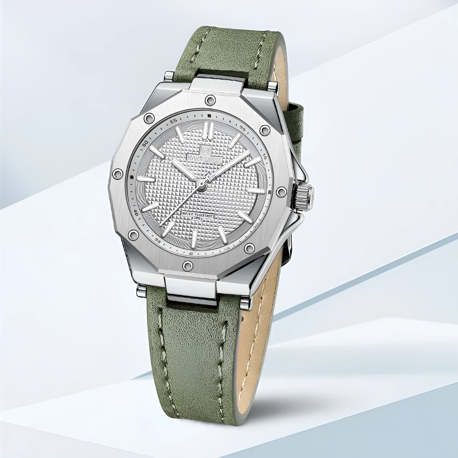 Women's luxury small fashion watch with 36mm dial, artificial leather band, and alloy case in colour green
