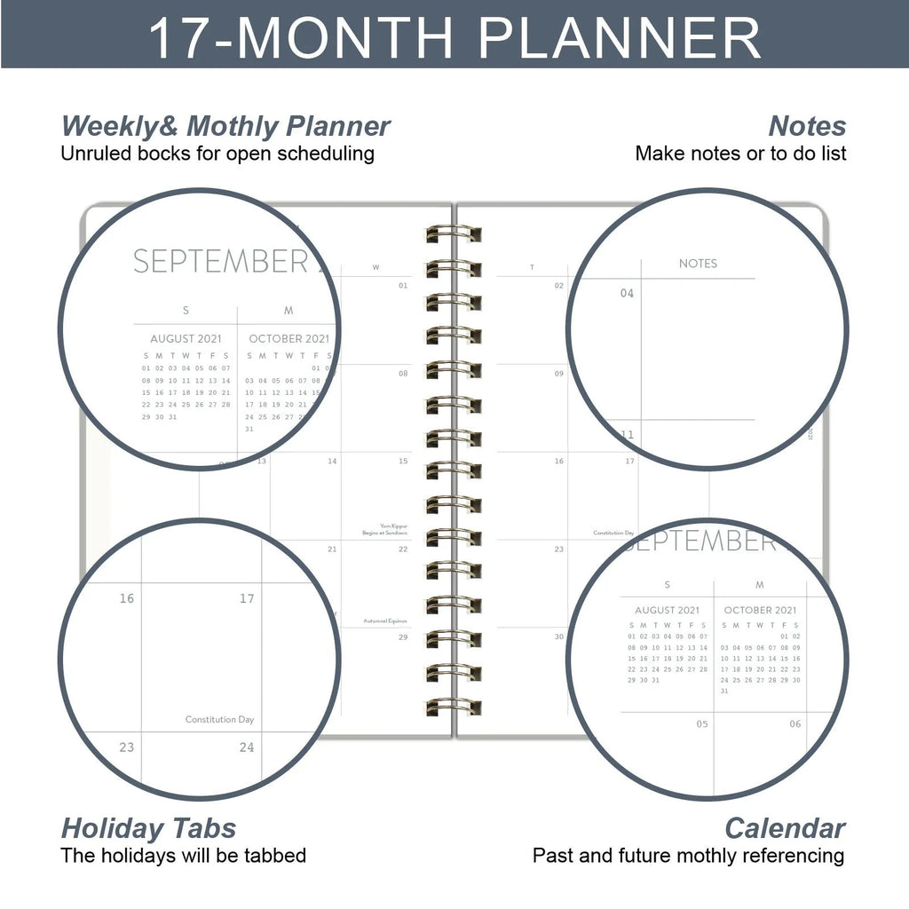 Green and blue 17-month 2022 student planner notebook with coil binding and pockets