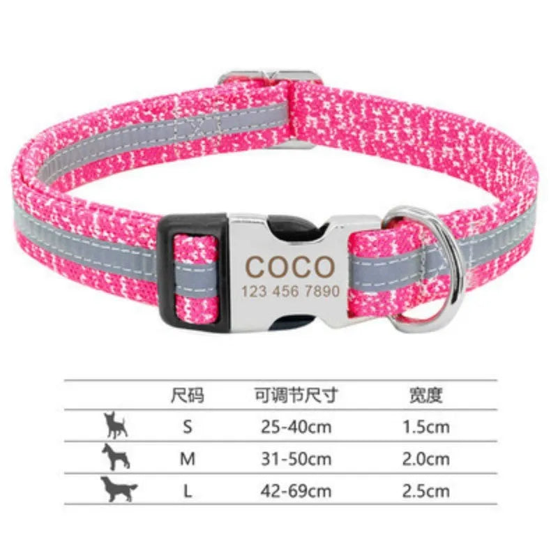 Adjustable dog collar shown in black, green, or rose red, available in S, M, and L sizes.
