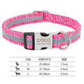 Adjustable dog collar shown in black, green, or rose red, available in S, M, and L sizes.