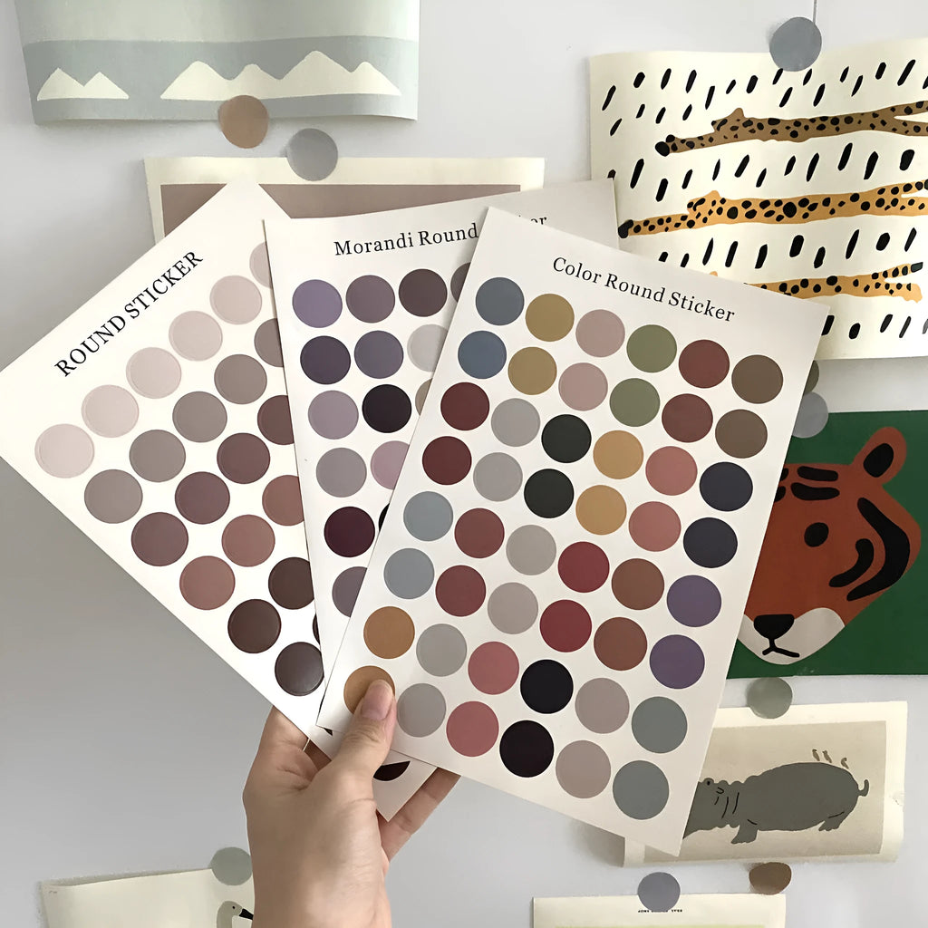 Morandi earth colour polka dot hand account seal stickers, 48 circular 2cm decorations on 16x24.5cm sheet