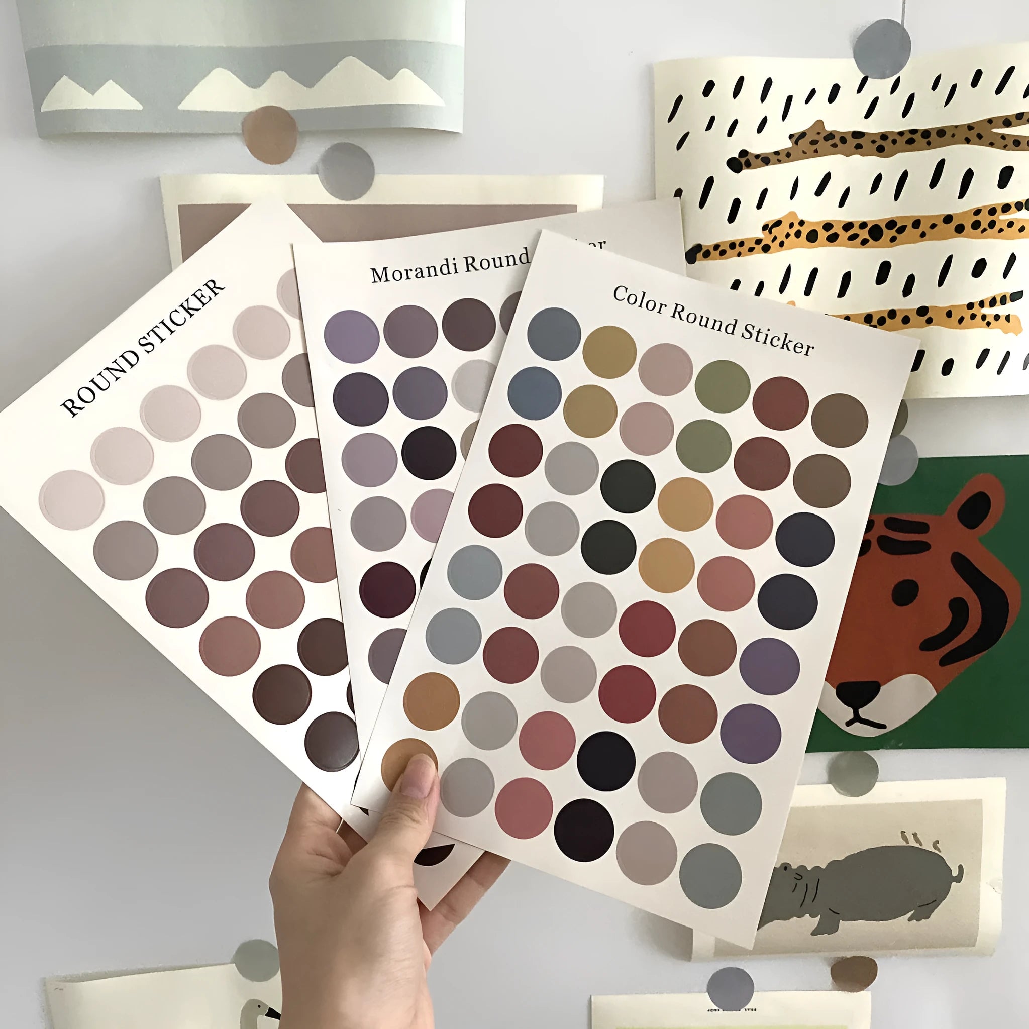 Morandi earth colour polka dot hand account seal stickers, 48 circular 2cm decorations on 16x24.5cm sheet