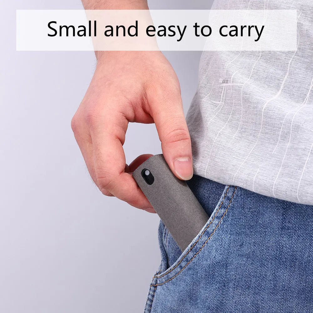 Portable all-in-one screen cleaner with integrated spray and microfiber wipe, 10ml fluid, 9cm size