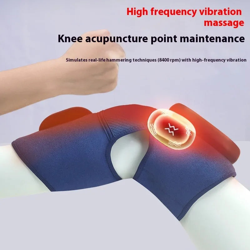 Blue single airbag self-heating knee massager with vibration and compression functions.