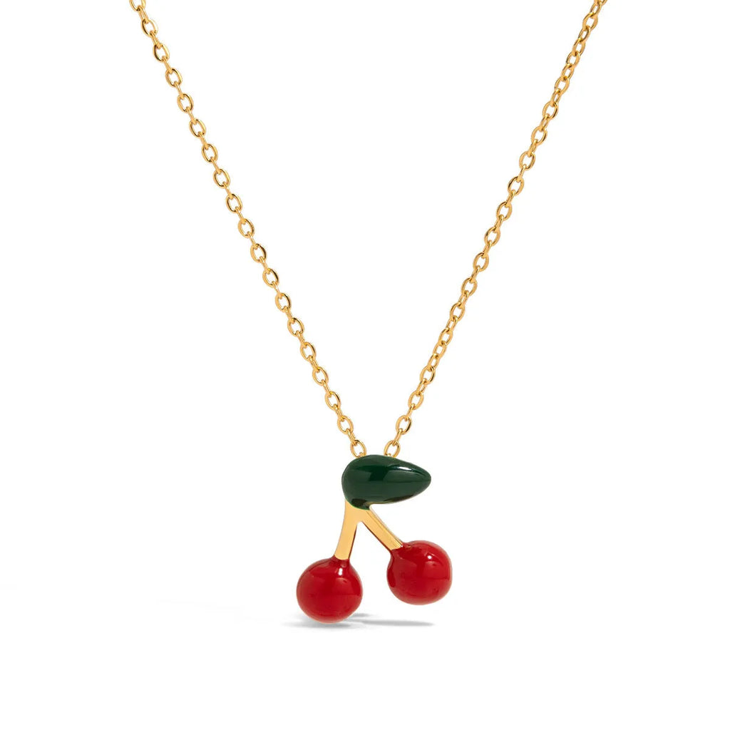 Stainless steel fruit-shaped pearl necklace with cherry pendant for women, light luxury style