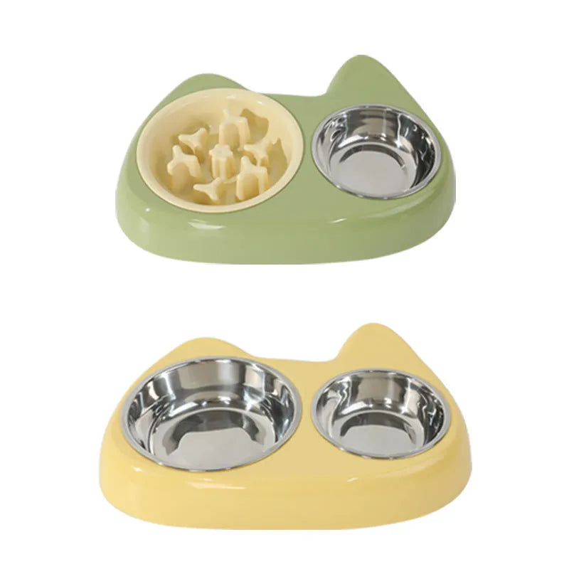 Cat bowl slow food two-in-one stainless steel and PP pet bowl with large and small sections in green grass colour
