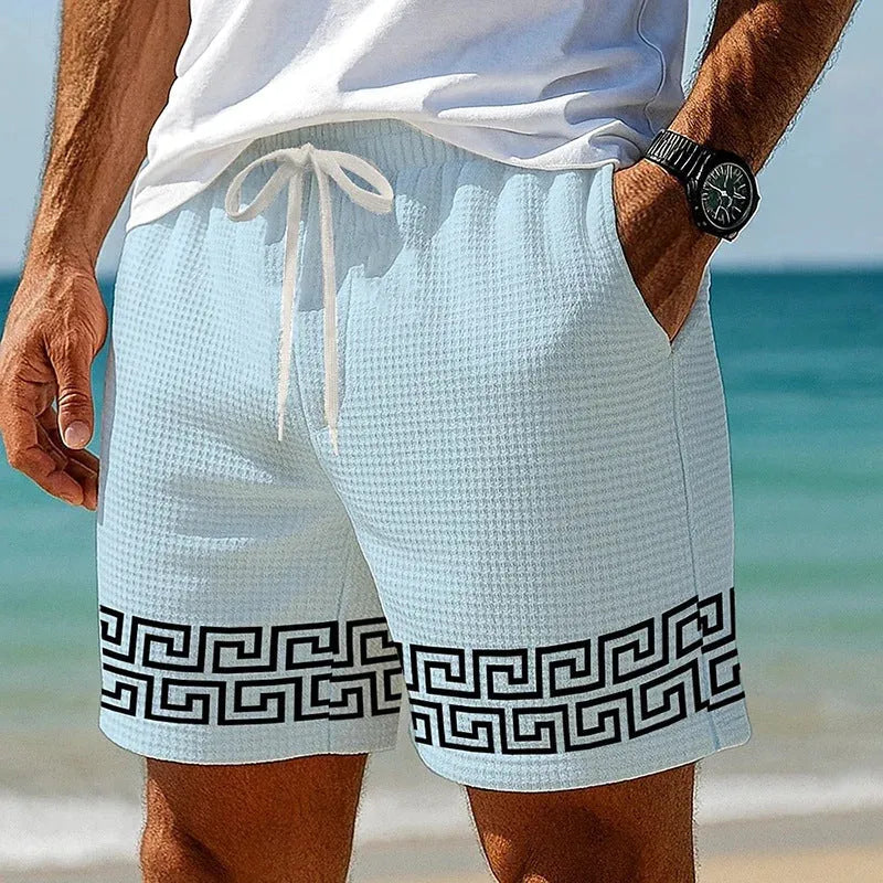 Summer men's American waffle loose shorts in white, polyester fabric, sports style, sizes S to 6XL