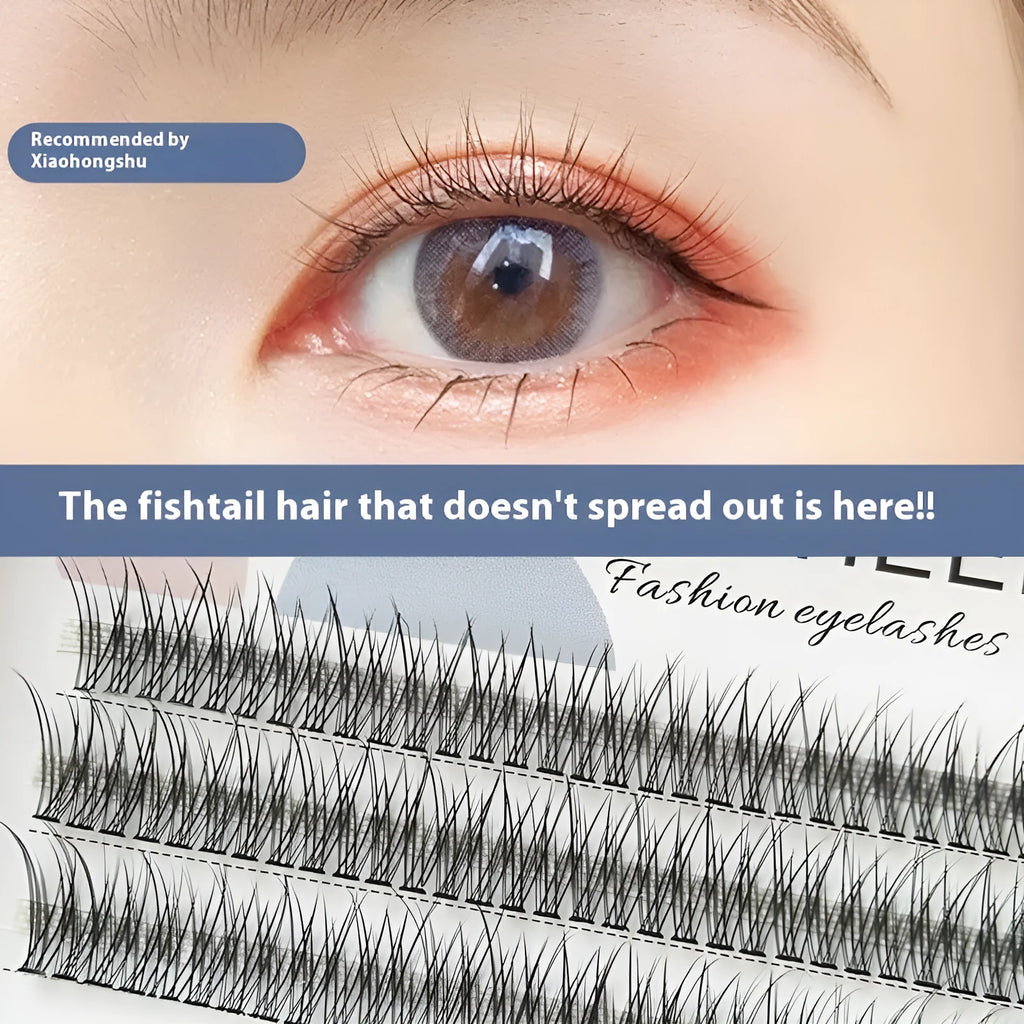 Black V-shaped fairy fishtail false eyelashes with thick segments in varying lengths on a clear band.