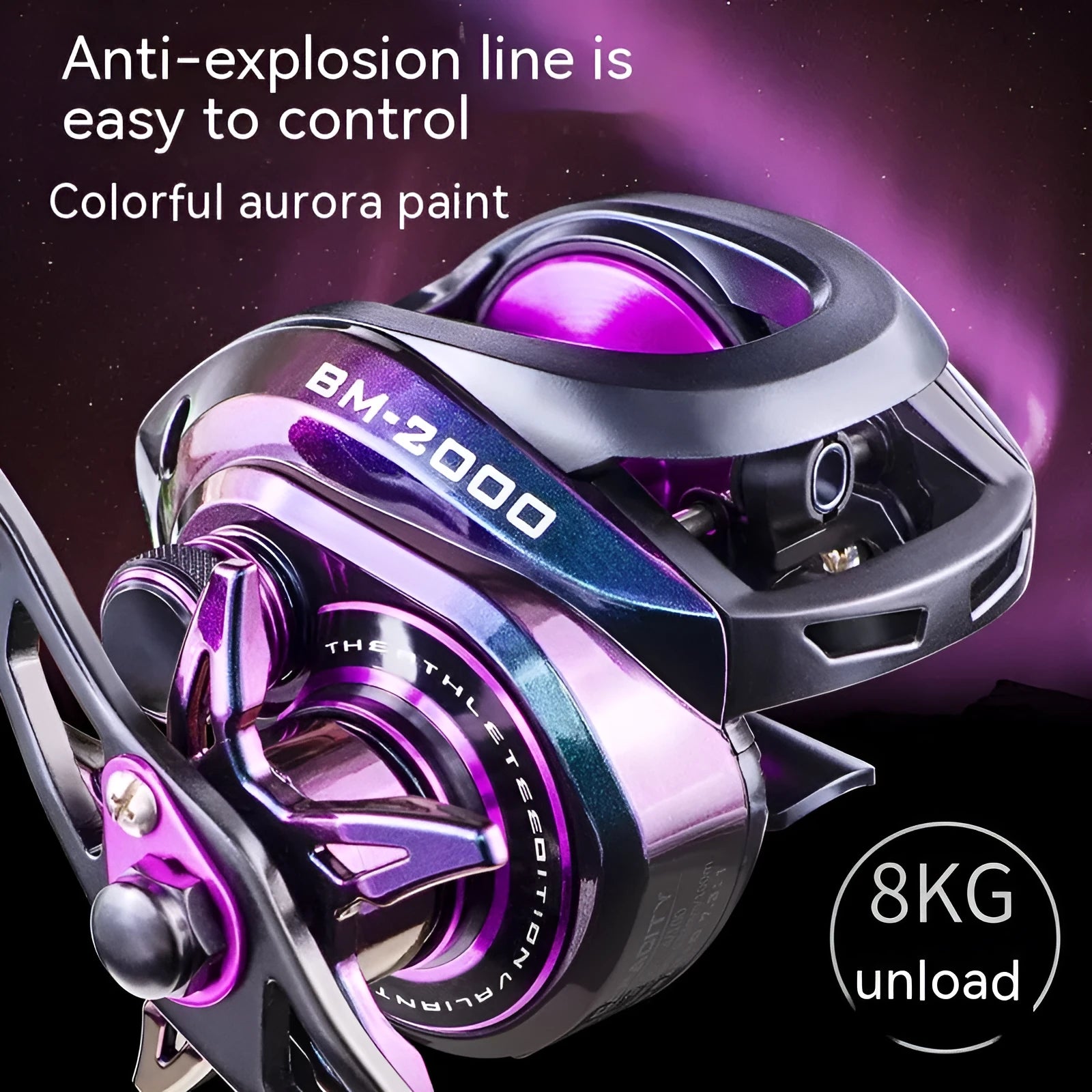 Colourful BM2000 fishing reel with magnetic brake system, shown in left-hand and right-hand retrieve options.