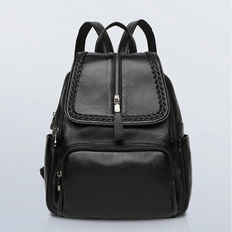 Genuine leather women's backpack in blue with multiple compartments and waterproof function