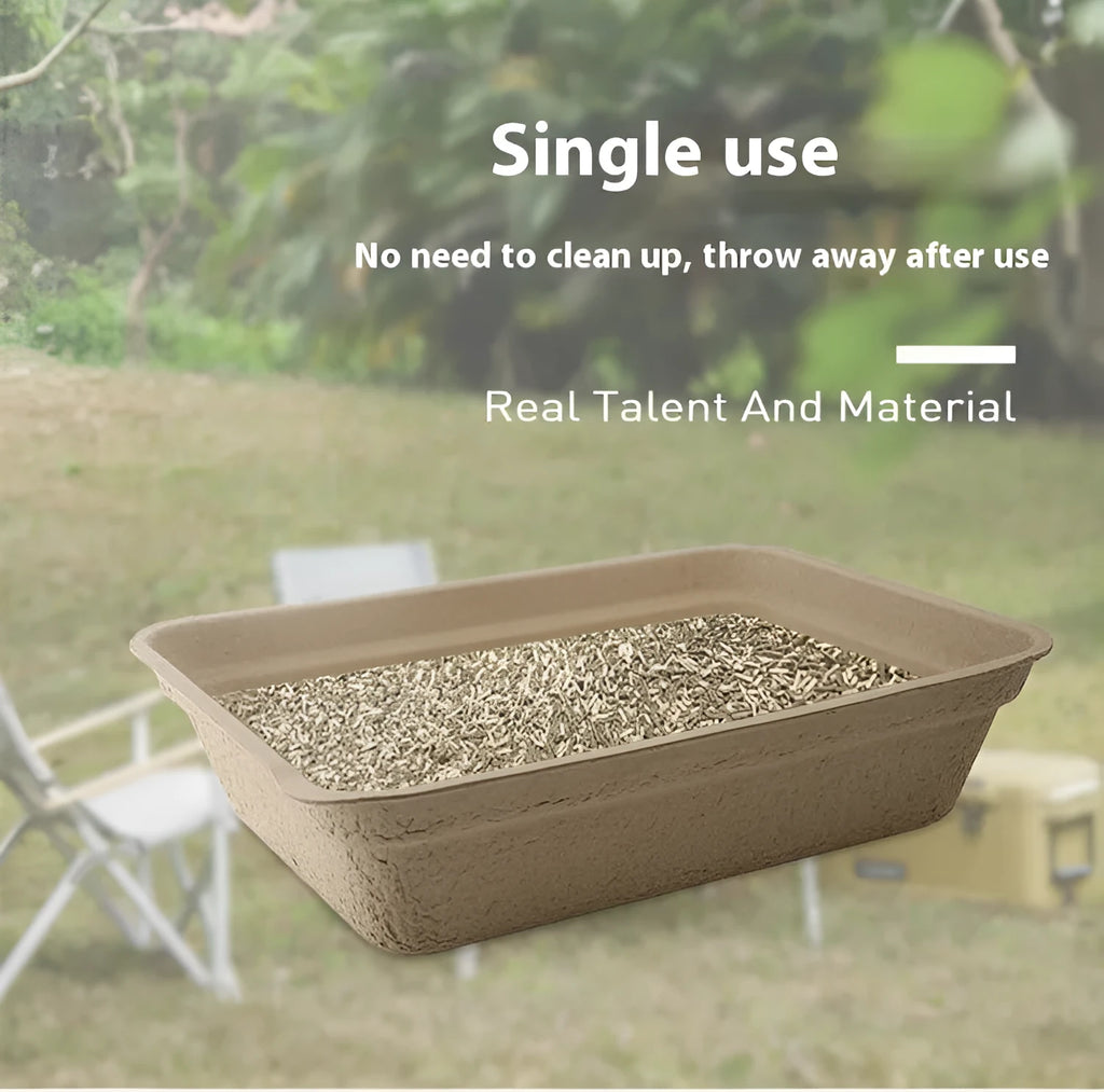 Brown disposable waterproof cat litter box with three size options displayed.