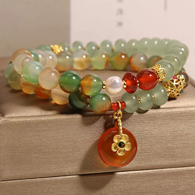 Peacock green agate double ring bracelet for women with alloy safety buckle and rhinestone decoration