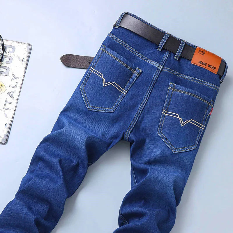 Men's stretch ice silk denim jeans loose straight cut high waist summer casual blue black