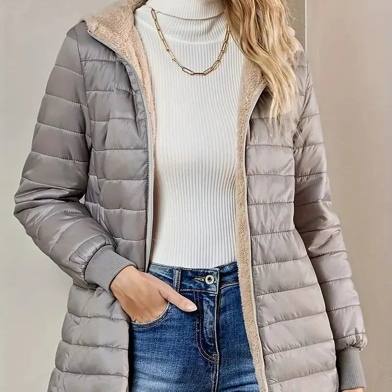 Ladies' cotton jacket with regular long sleeves in khaki, front view