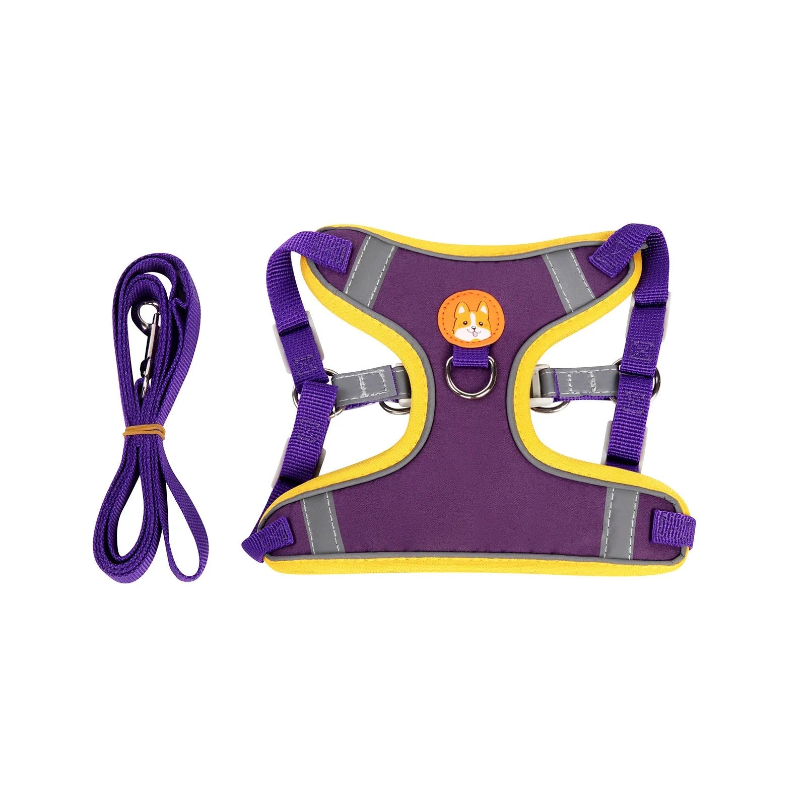 Adjustable vest-style dog harness with haulage rope in assorted colours.