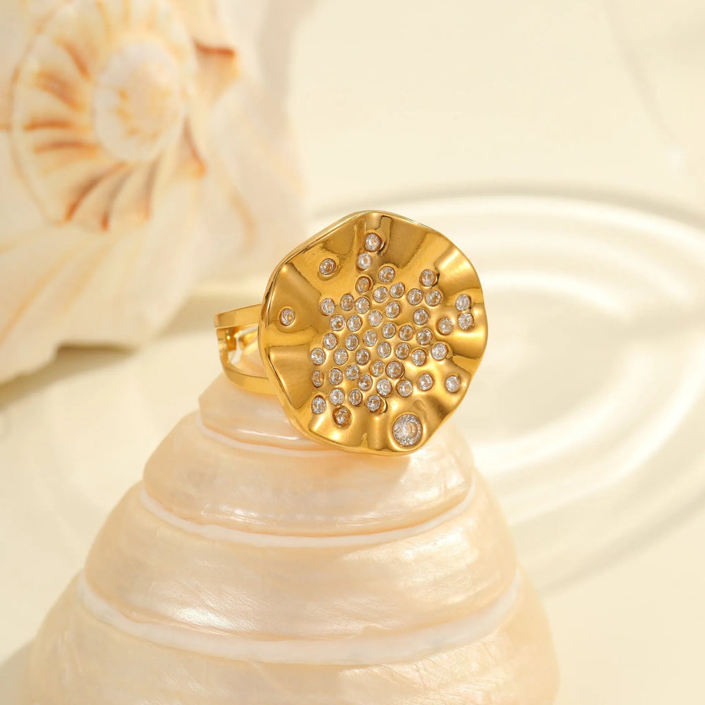 Geometric open mouth ring with pleated inlaid diamond detailing in electroplated stainless steel