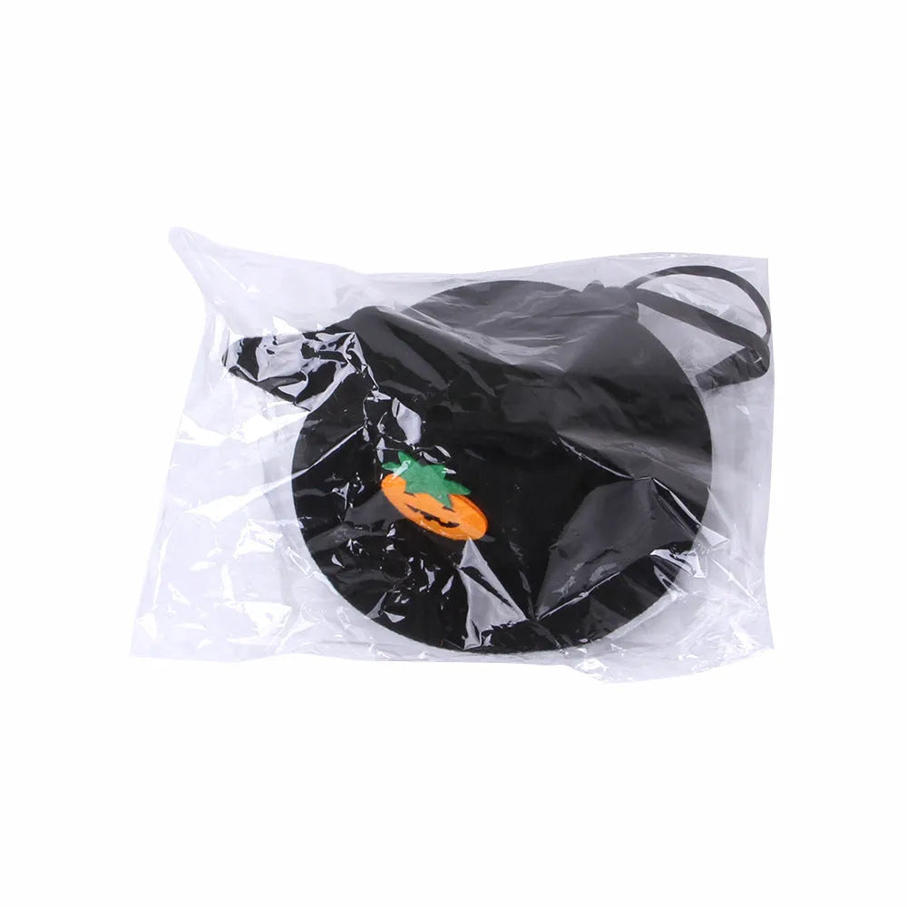 Cloth pet cat Halloween hat with embossed pumpkin design on feline head