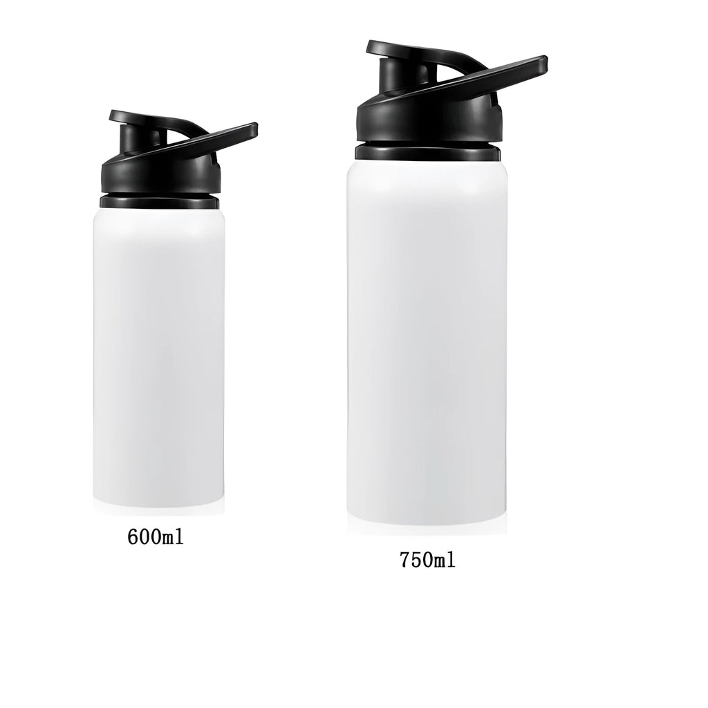 White aluminium sports water bottle for cycling, shown with 600ml and 750ml capacity options.