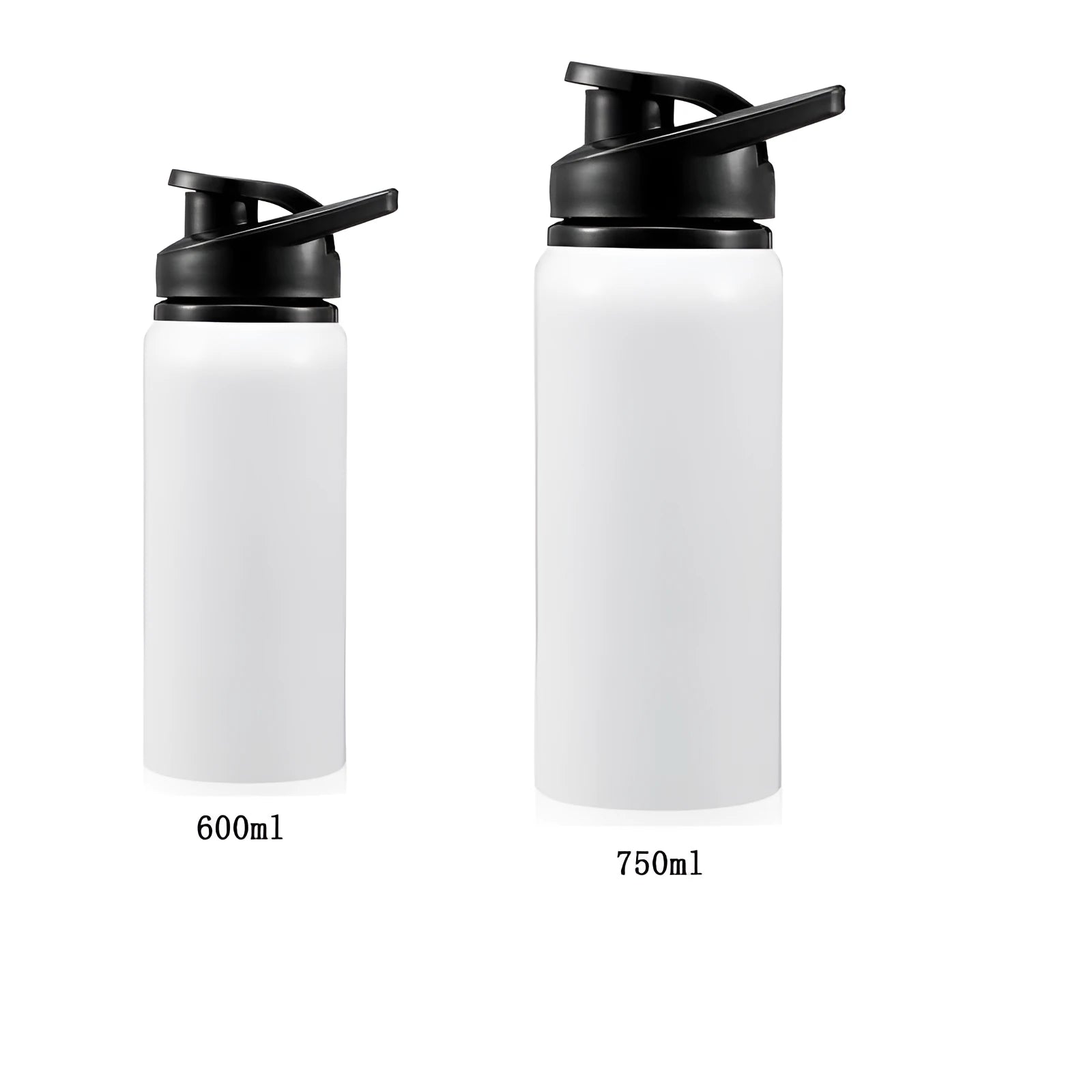 White aluminium sports water bottle for cycling, shown with 600ml and 750ml capacity options.