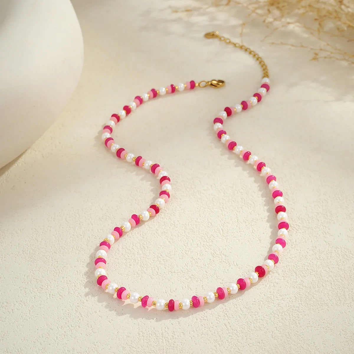Sweet resin beaded necklace for women with geometric pendant, stainless steel chain, pink beads