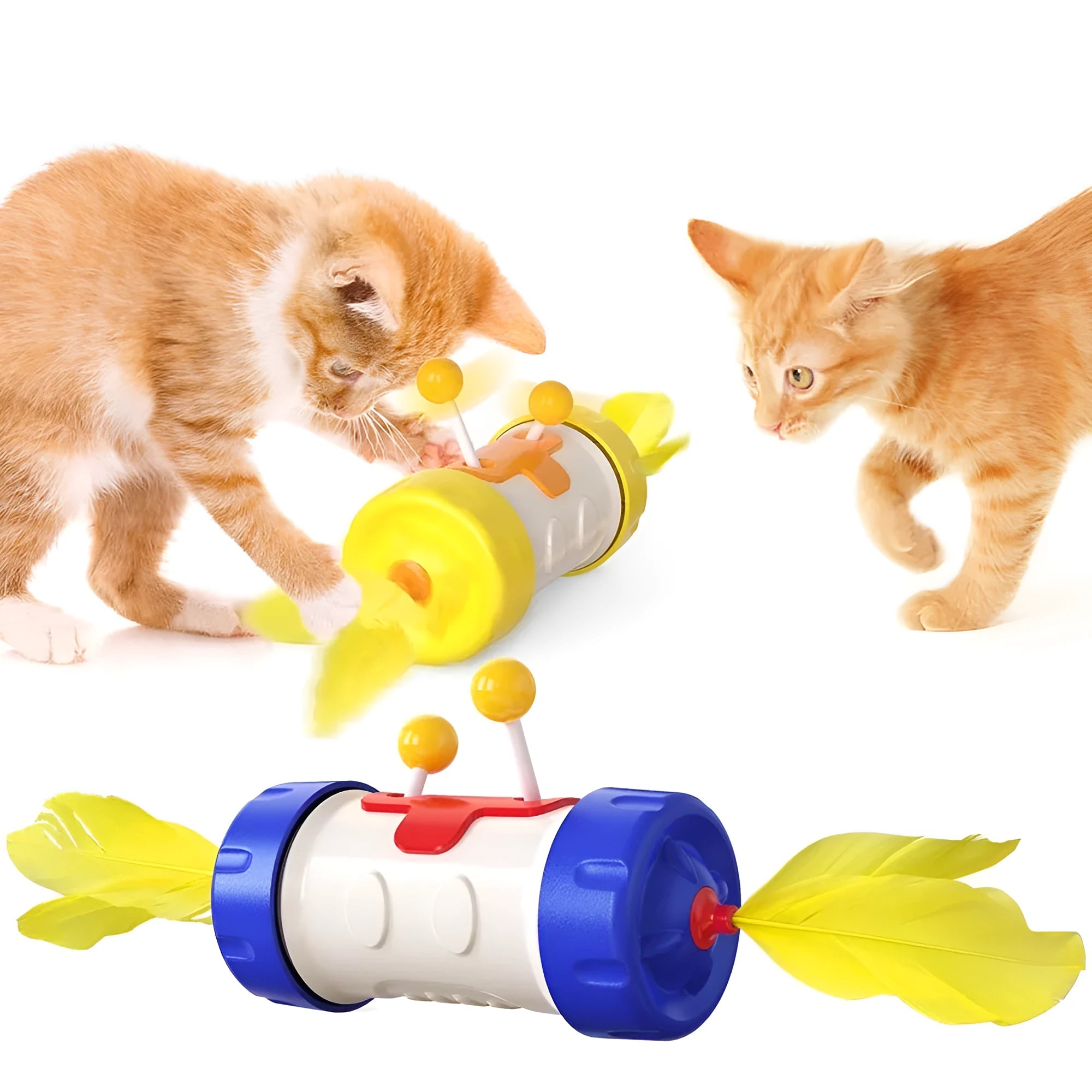 Adjustable cat fishing pole toy with colourful feathers and rolling tumble ball for interactive play
