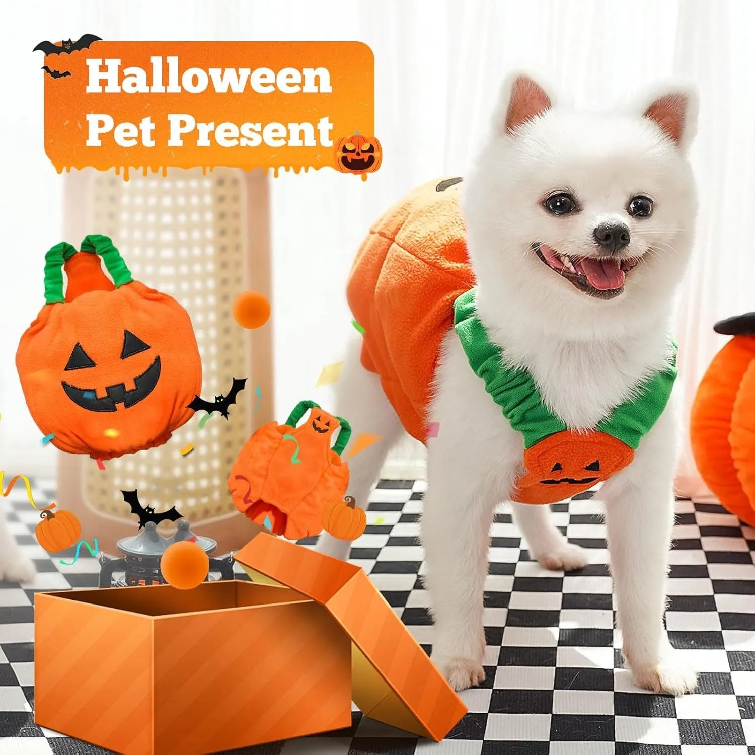 Orange plush pumpkin Halloween costume on small dog with stem decoration and pullover design