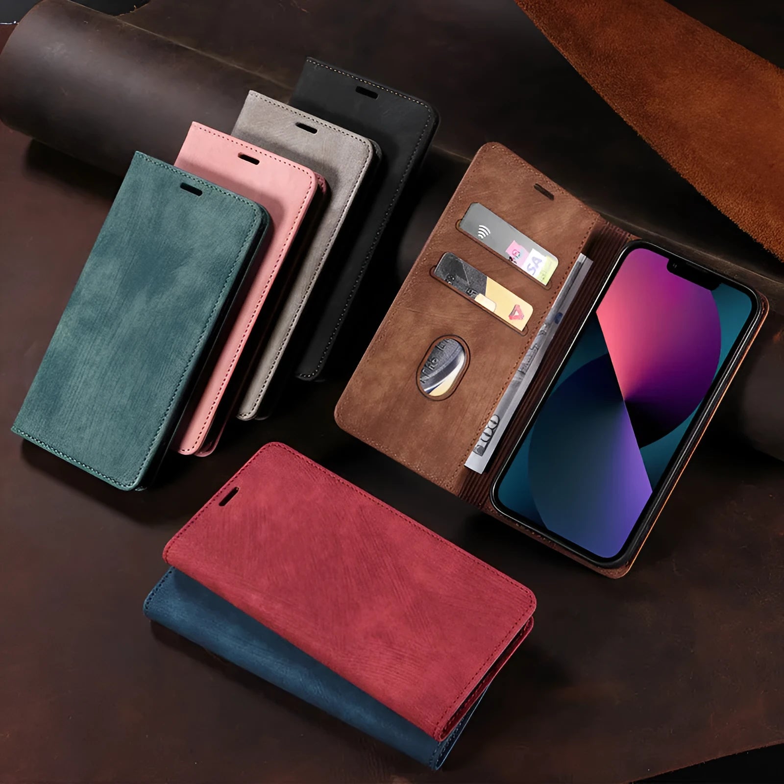 Magnetic flip phone case in grey showing closed magnetic flap and inner card slot for iPhone.