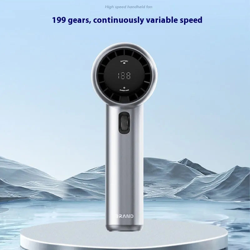Mini handheld portable fan in Diamond White with knob control and USB data cable for outdoor charging
