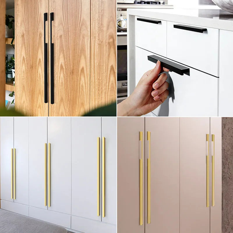 Gold aluminium alloy T-shape cabinet door handle with single-hole fitting.