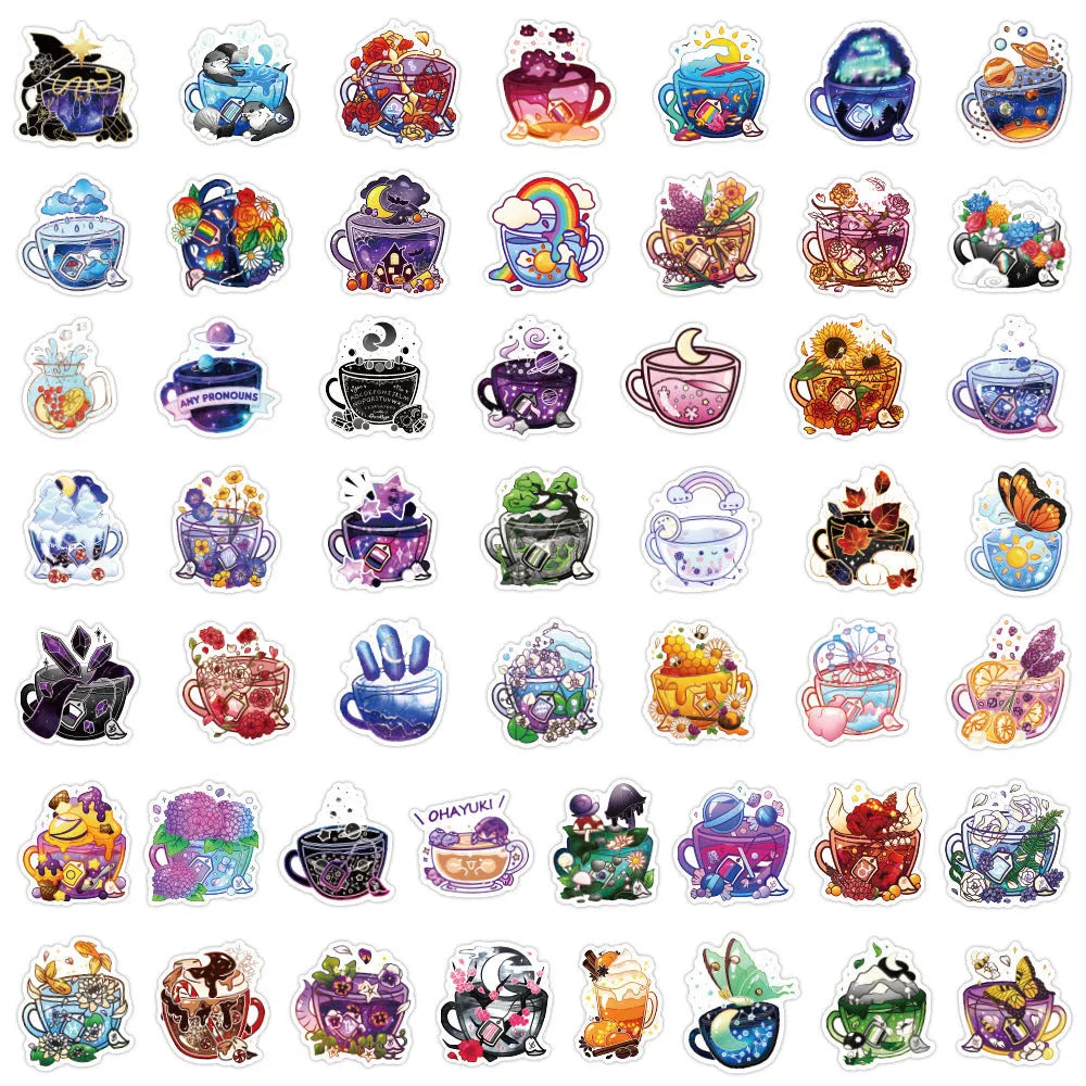 Colourful tea cup graffiti waterproof stickers in 50-piece set for luggage and scooter personalisation