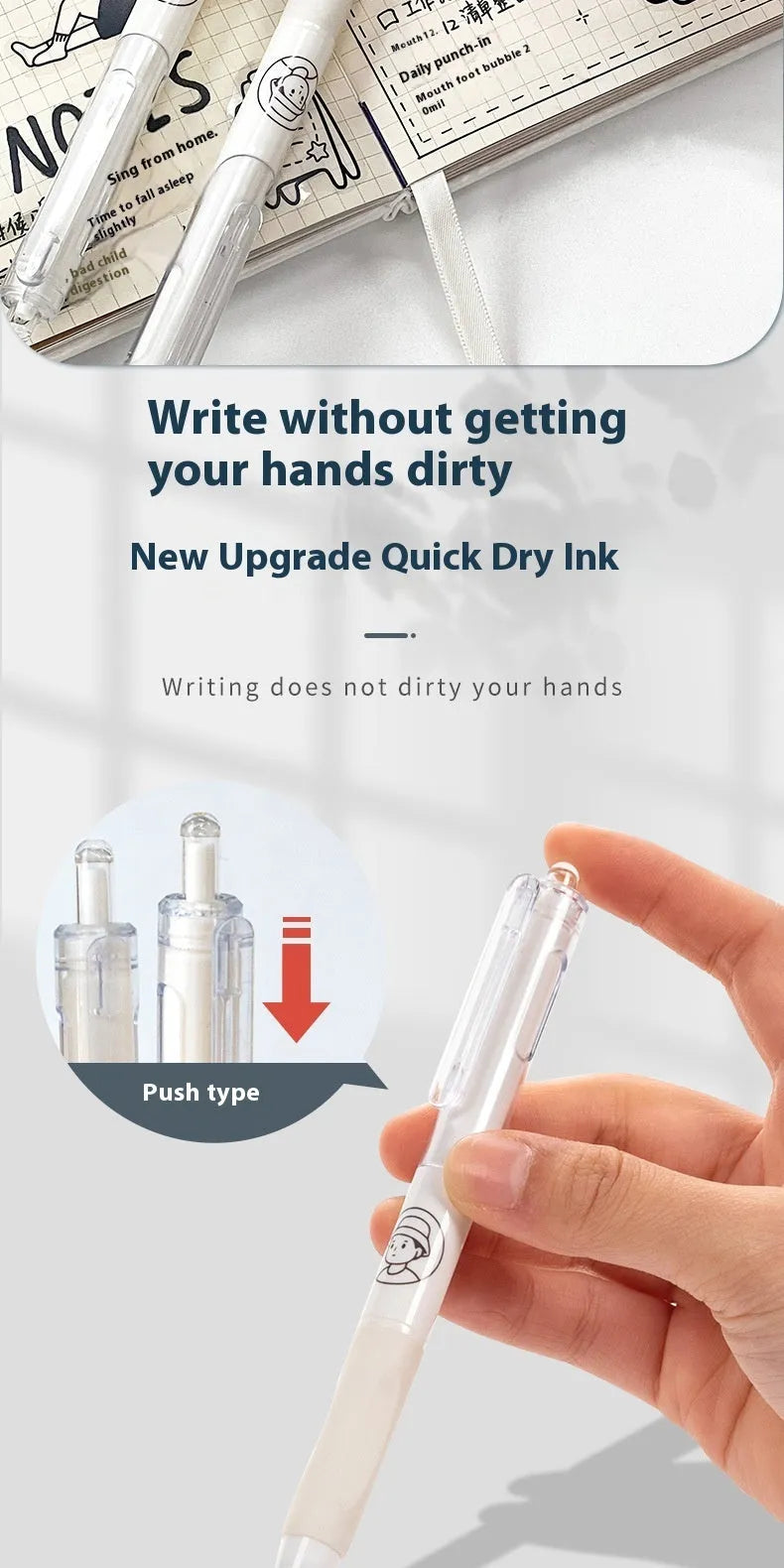 Five white plastic ballpoint pens with 0.5mm black refills for student writing