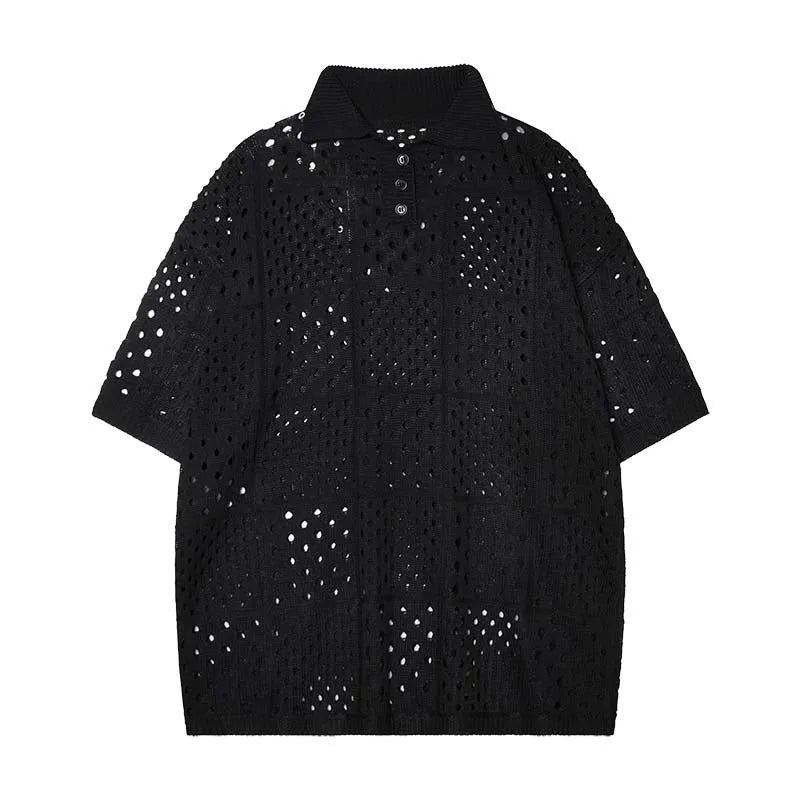 Black loose-fit short-sleeved polo shirt with a cardigan style and hollow knit fabric on a hanger.