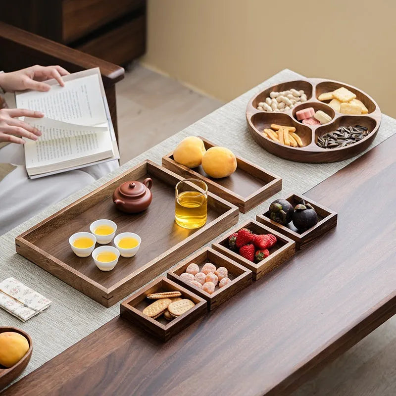 Solid wood snack tray in burlywood with multiple grid compartments for candy and trial portions