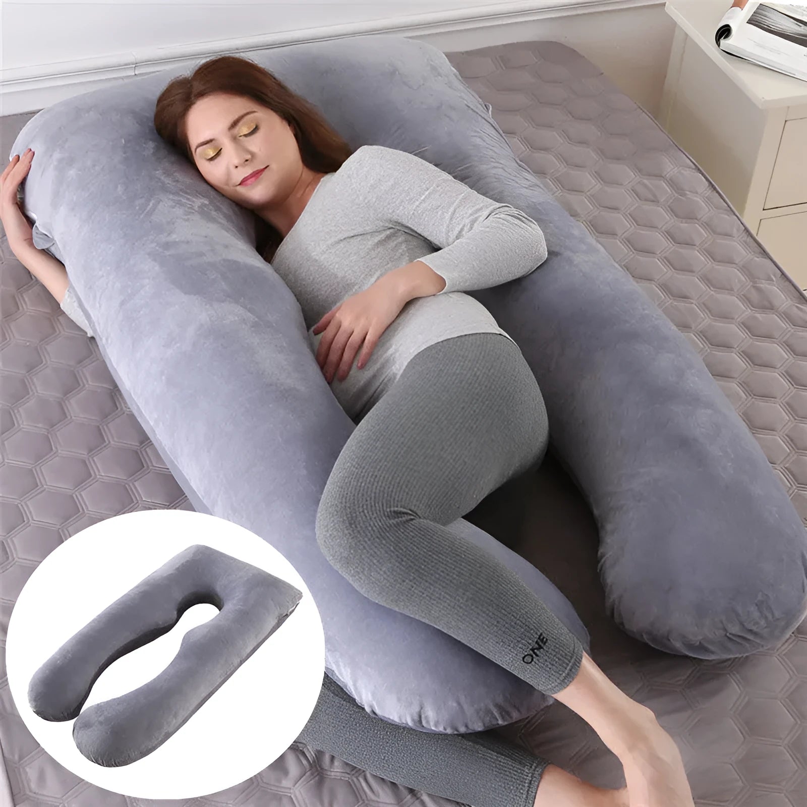 U-shaped maternity pillow in ice silk fabric for pregnancy support, shown in light blue colour.