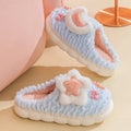 Women's light blue cartoon fleece-lined plush slippers with floral pattern and round toe.
