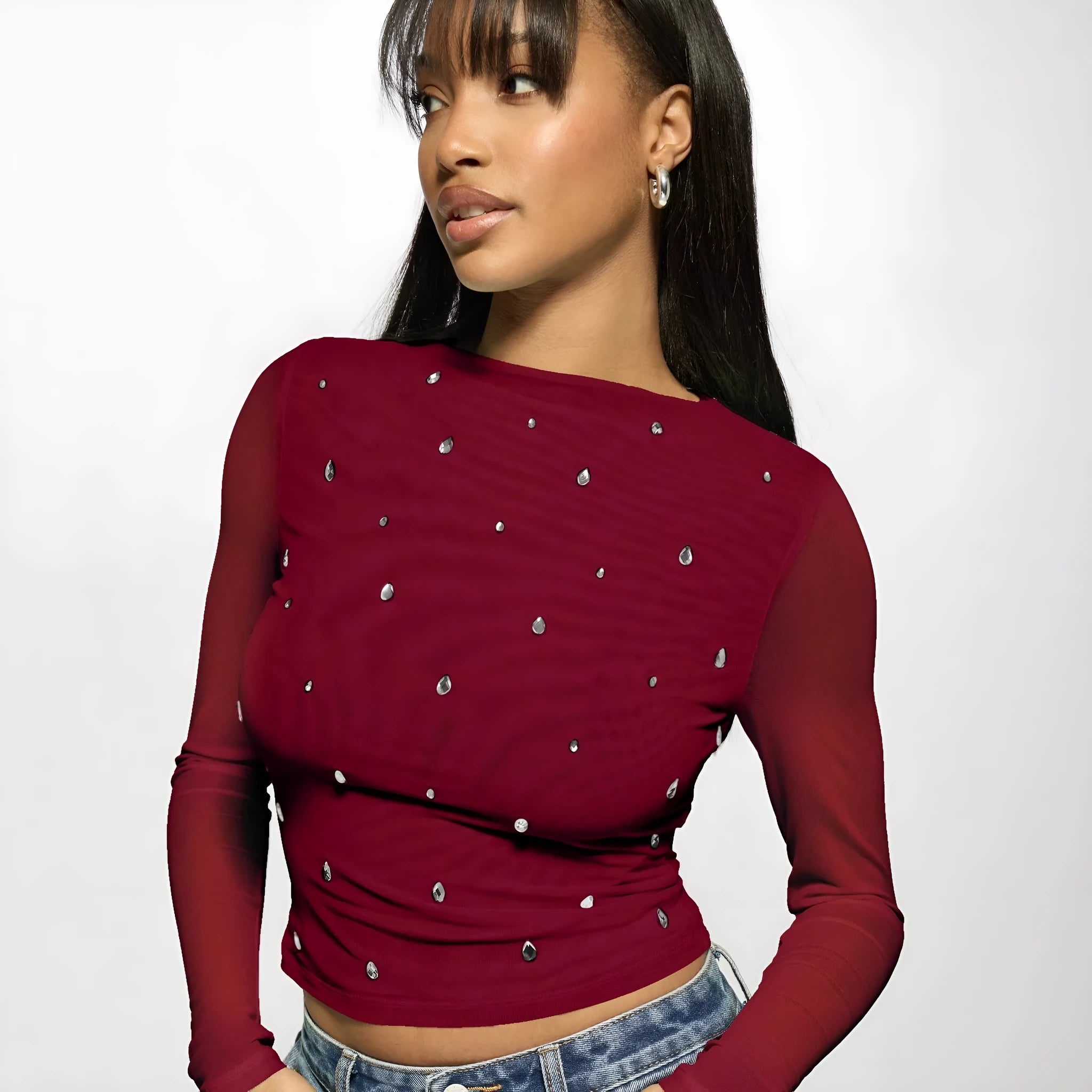 Women's long sleeve double-layer mesh top with rhinestone detailing in wine red, front view