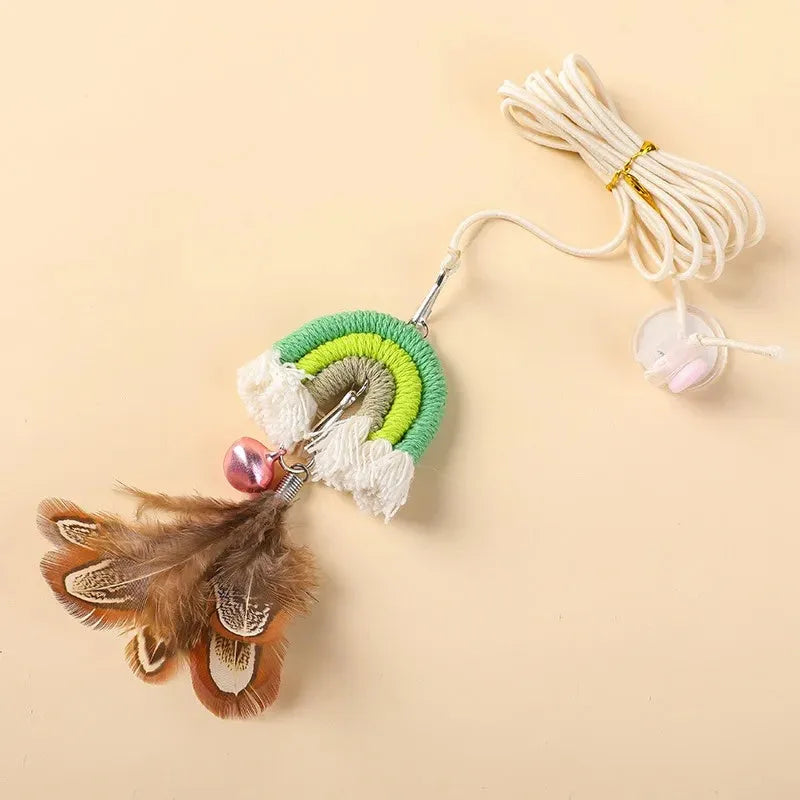 Cat door hanging toy with feather rope on elastic swing and sticky buckle clamp