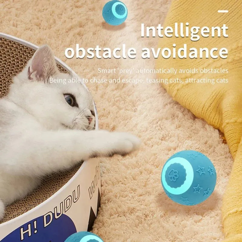 Smart ball cat toy in blue with two rolling modes, rechargeable, made from ABS and silicone
